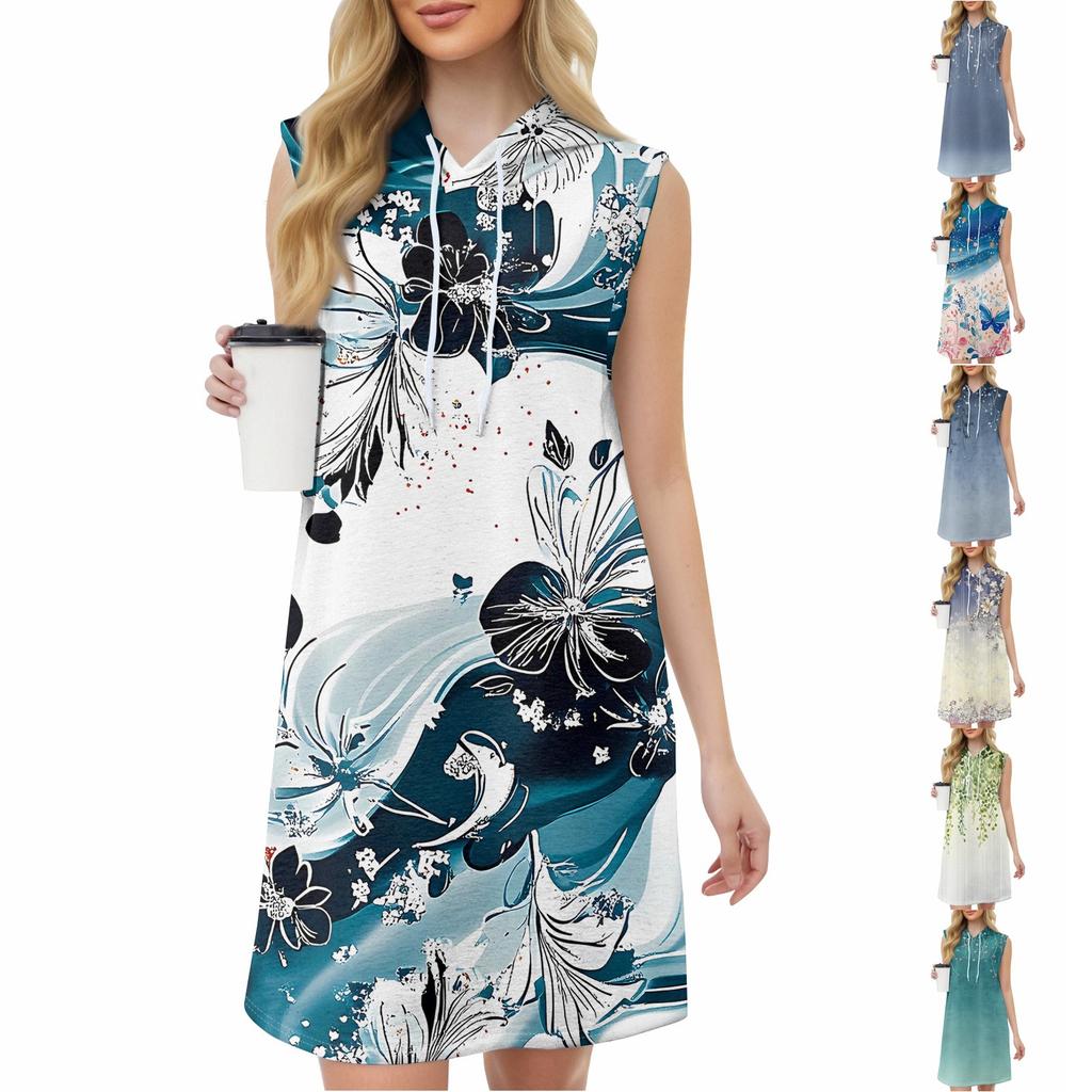 Women's Casual Fashion Round Neck Sleeveless Print Hooded Drawstring Dress