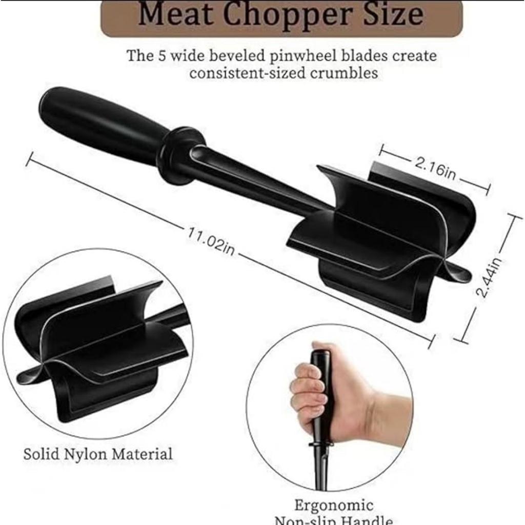 Premium Professional Heat Resistant 5 Curve Blades Nylon Tool Utensil Chopper Masher for Meat Potato Ground Beef Turkey Meat Non-Stick Cookware Safe