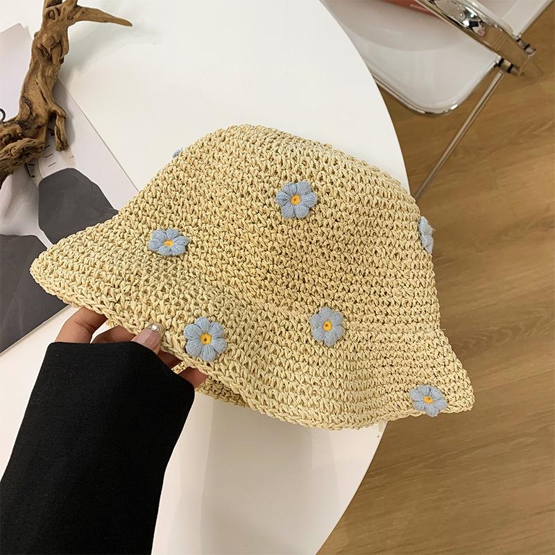 Flower Straw Bucket Hat Women's Summer Breathable Face Small Woven Straw Hat Sunshade Sunscreen Seaside Vacation Hat Tide