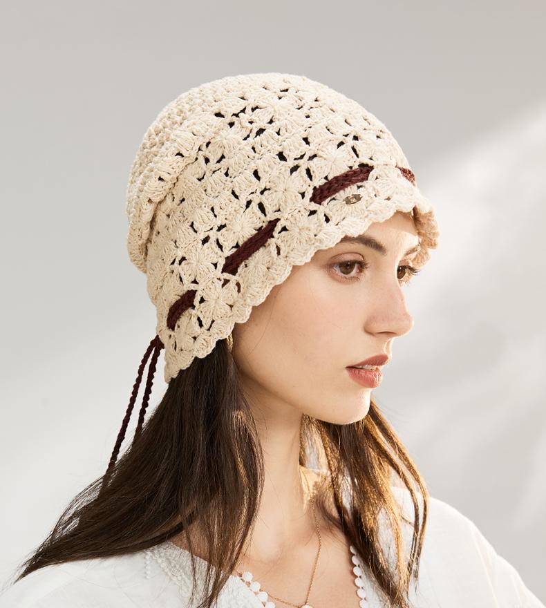 ELLE 100% pure cotton knitted pile hat for women, fashionable and versatile, hollowed out hook flower retro spring and autumn seasons