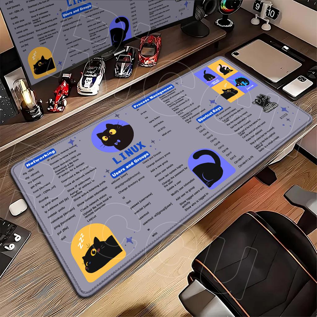 Linux Commands Line Programmer Shortcuts Mouse Pads MultiSize Rubber Nonslip Office Desk Mat Kawaii Cartoon Black Cat Keyboard