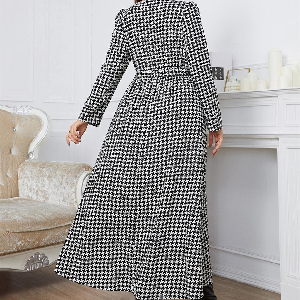 HNXC Женские модные осенние платья, повседневные платья с длинным рукавом и круглым вырезом в клетку с принтом