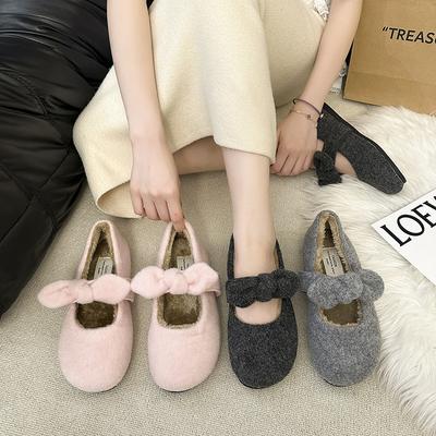 2025 осень и зима туфли из шерсти с бантом одинарные туфли женская верхняя одежда повседневные туфли из овечьей шерсти и хлопка бархатные хлопковые туфли на низкой подошве
