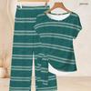 Women Plus Size Two Piece Pants Set Round Neck Short Sleeve Striped Printed Knot Hem Top Long Pants