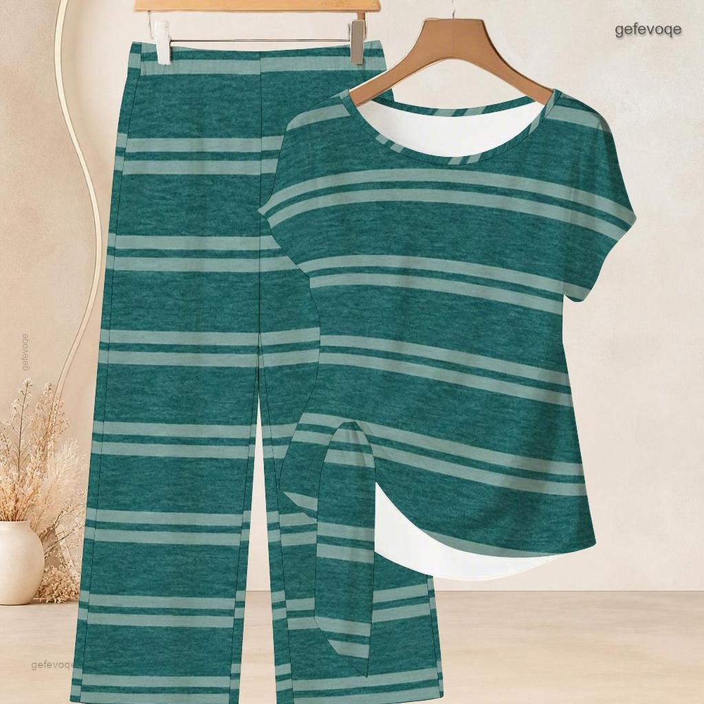 Women Plus Size Two Piece Pants Set Round Neck Short Sleeve Striped Printed Knot Hem Top Long Pants