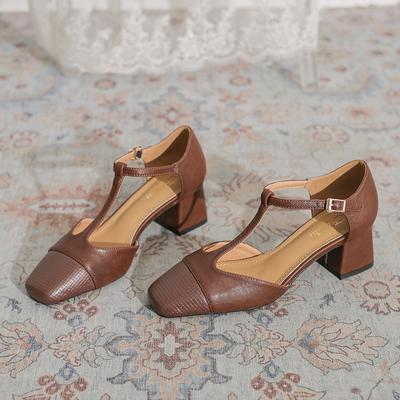 Ретро сумка голова полый толстый каблук мелкий вырез сзади пустые сандалии женские плетеные вставки Т-образные с темпераментом Мэри Джейн высокие каблуки