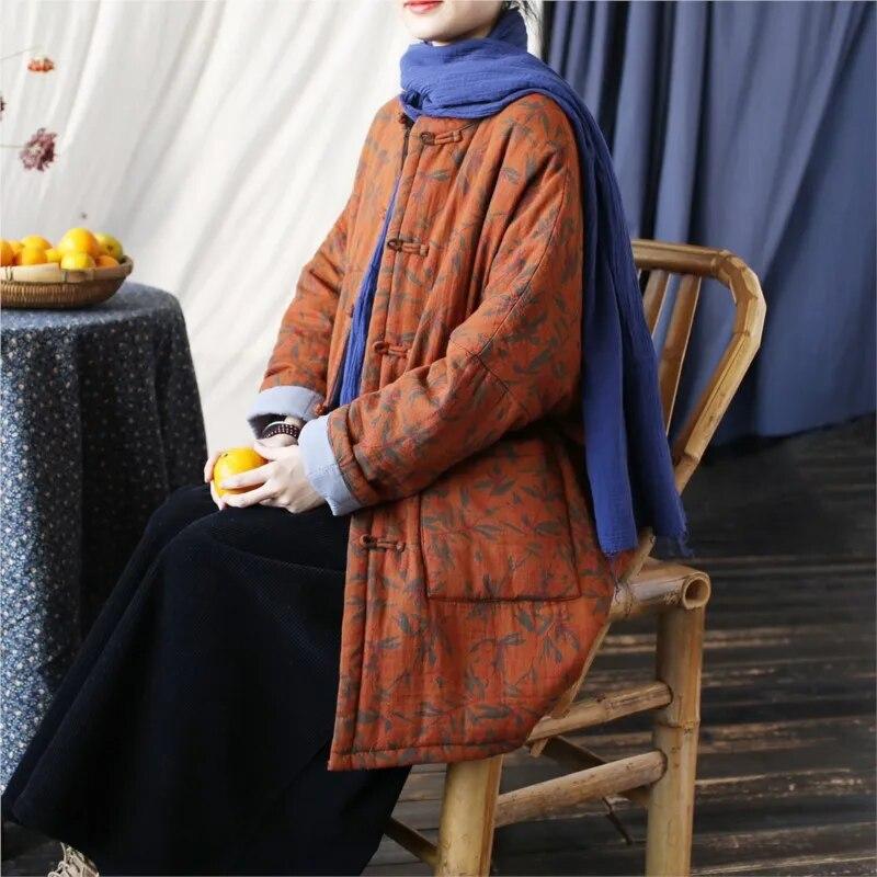 Women Vintage Winter Parkas Stand Warm Plus Cotton Coats Print Floral Patchwork Pockets Button Chinese Style Parkas