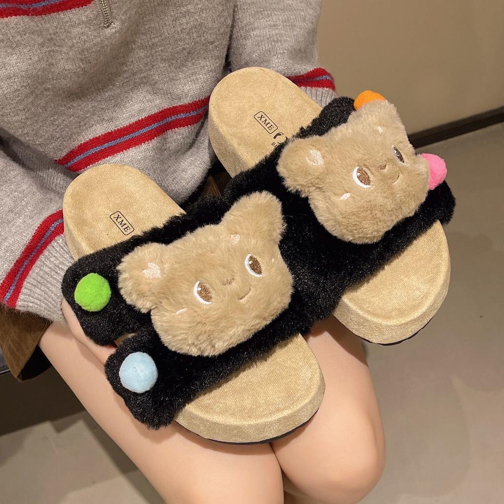 Comfortable Home Cotton Slippers Cute Cartoon Bear Fluffy Slippers Women's Wear 2025 Autumn and Winter New Lazy Casual
