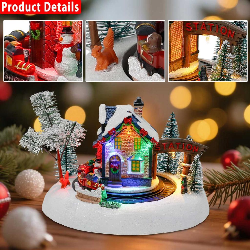 Анимация Рождественская Деревня Железнодорожная Станция Предварительно Подсвеченная Смола Коллекционная Фигурка Здания с Вращающимся Поездом Внутренняя Рождественская Сцена