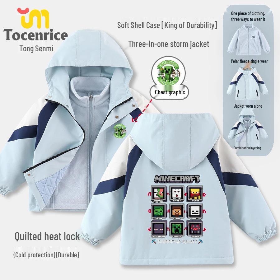 Детская ветровка Minecraft, средний/большой размер, с мультяшным принтом: Мягкаяshell куртка 3-в-1 Осень/Зима