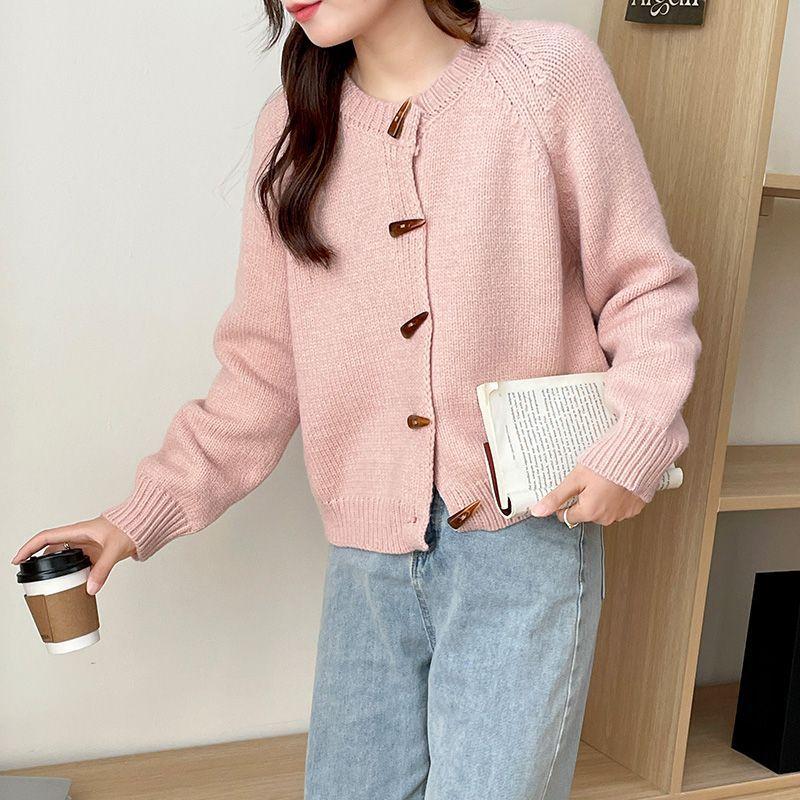Кардиган на пуговицах с коровьим рогом, женское пальто 2023, осень/зима, свитер с длинными рукавами, вязаная верхняя одежда с круглым вырезом, женский кардиган