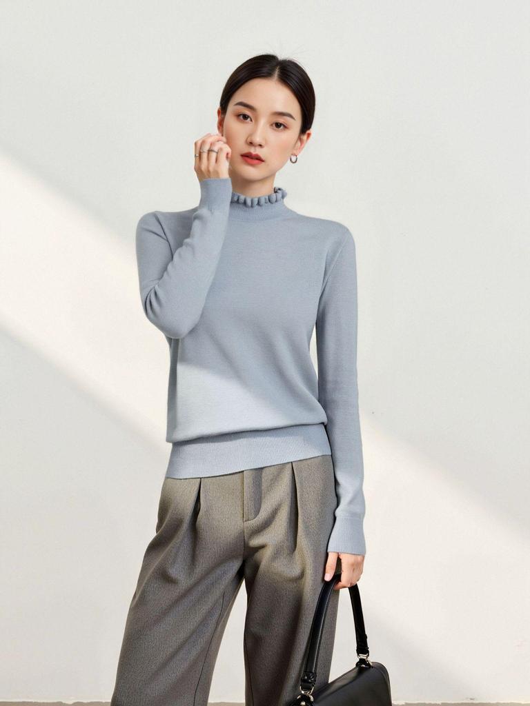 Autumn Winter Women's Seamless Wool Sweater – Ruffle Trim, Slim Fit, High Neck, Machine Washable Base Layer, Solid Color.