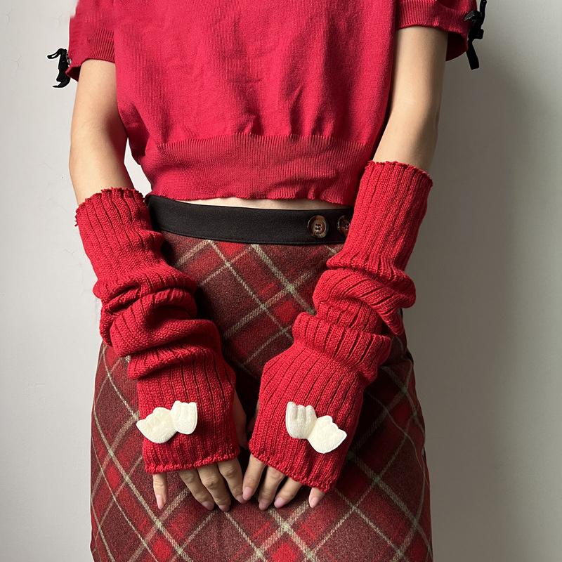 Red Knitted Arm Cover Hip-Hop Long Fingerless Sleeves Stretchy Elbow Decoration Thumb Hole Gloves Teens Cosplay