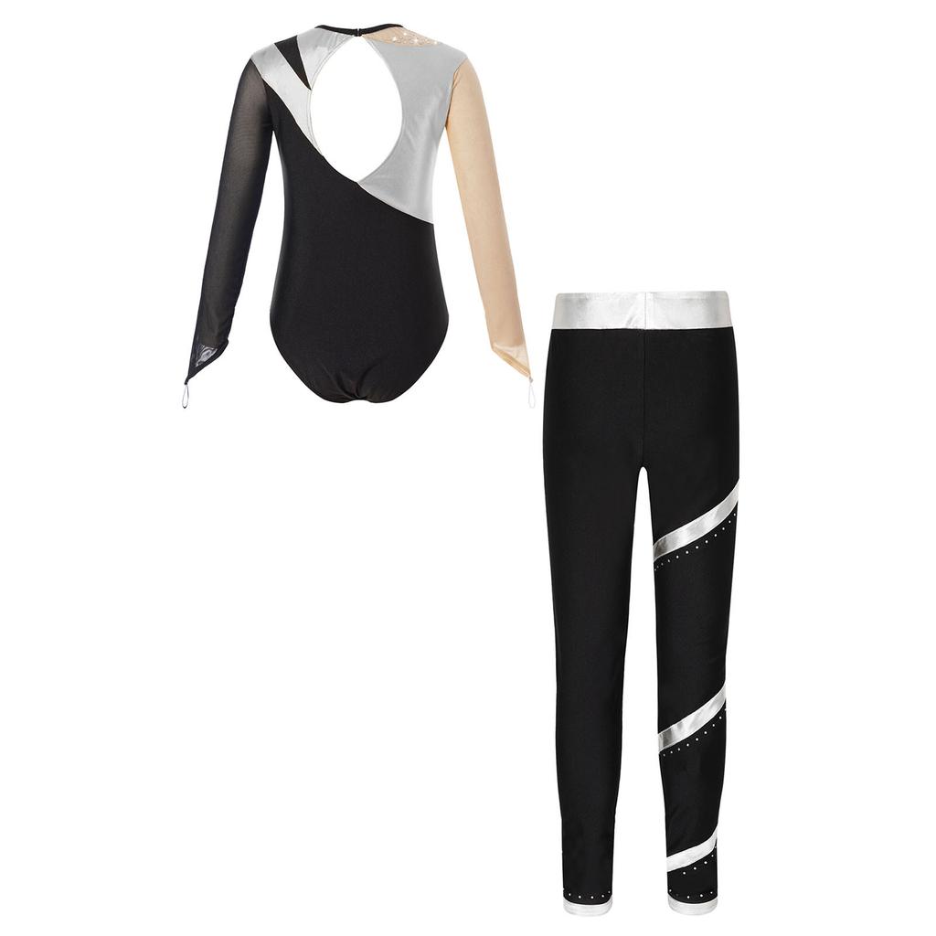 Girls Sparkle Rhinestone Performance Set Cutout Back Long Sleeve Leotard Elastic Waist Pants Dance Outfit