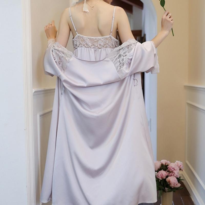 Пижама из ледяной шелковой ленты, женская ночная рубашка на слинге, двухсекционная ночная рубашка во французском дворцовом стиле, домашняя осень, корейский шикарный винтажный элегантный повседневный костюм