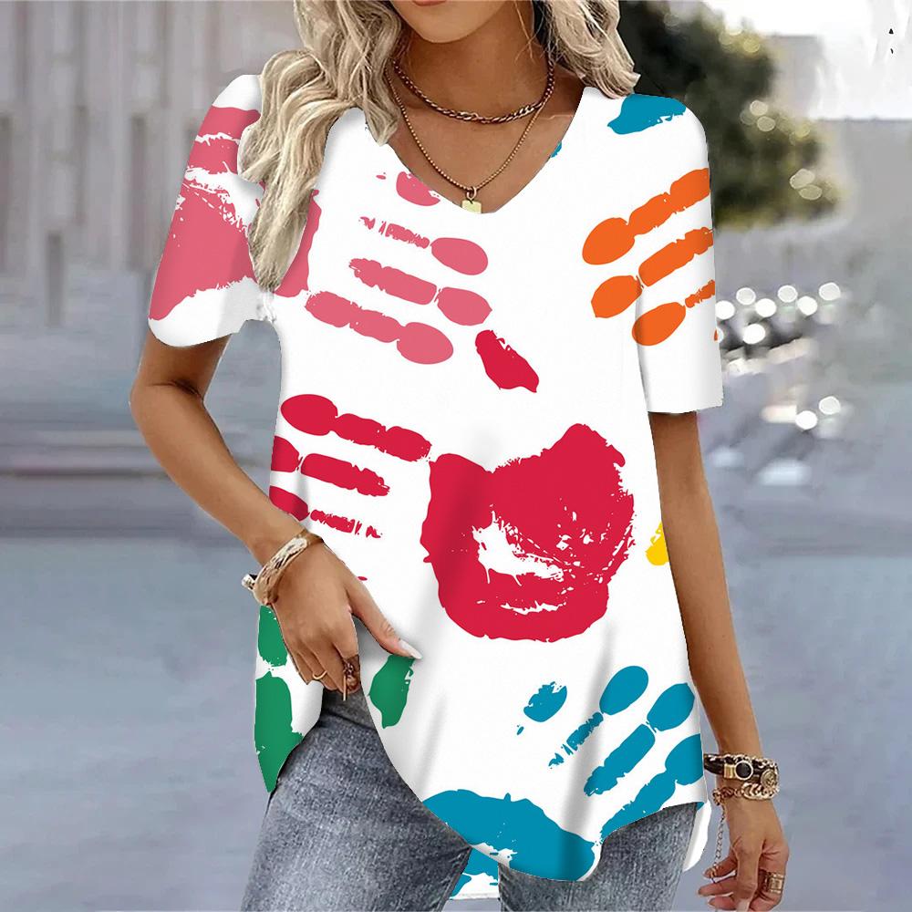 Spring Vintage Women's V Neck Short Sleeve T Shirt For Women Loose Tops 3d Printing Summer Tees Shirts Oversized Female Clothing
