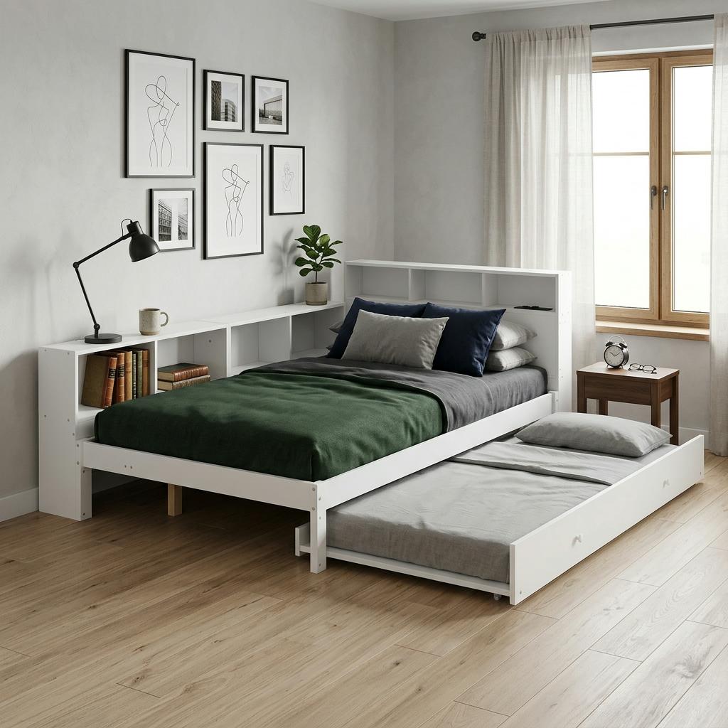 Wooden Bed 120x200 cm with Pull-Out Bed 90x190 cm, White Bed with Side Storage Shelf Mountable Left/Right, Headboard Shelf and Charging Station