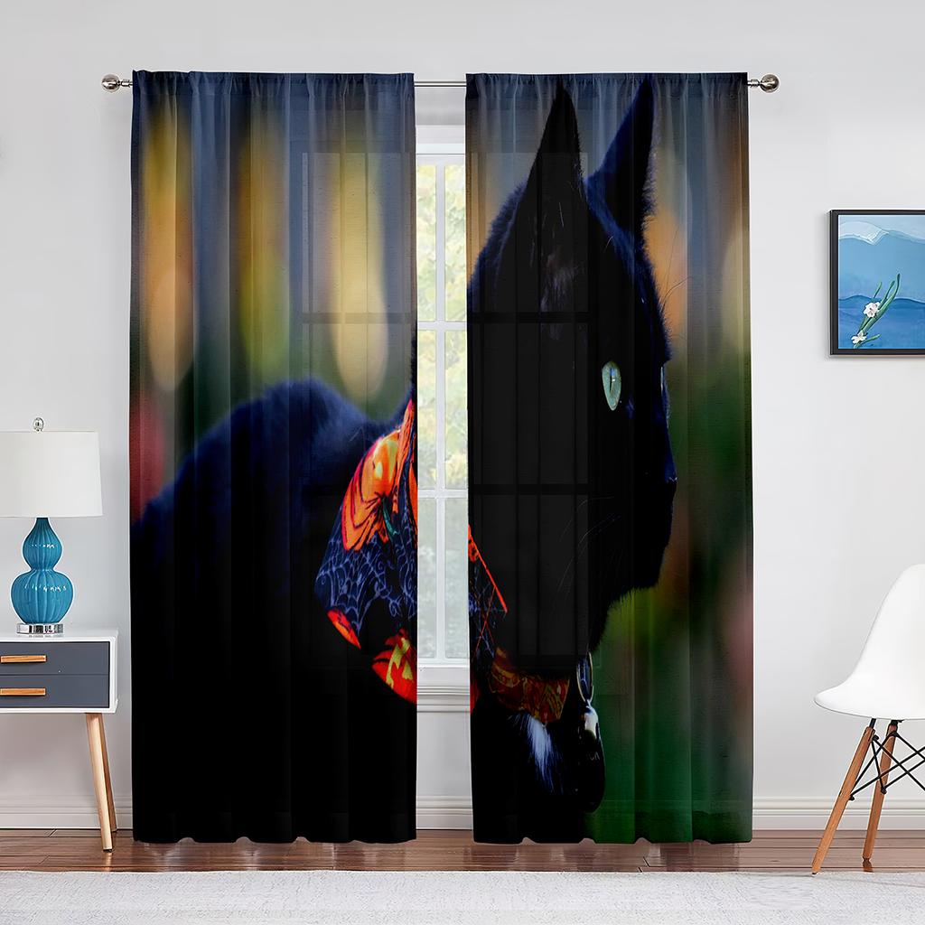 Черная кошка, большие глаза, животные, серые тюлевые шторы для гостиной, украшения спальни, прозрачная шифоновая прозрачная вуаль, оконная занавеска