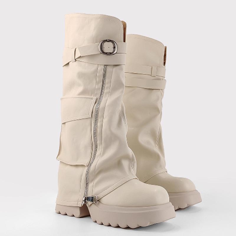 Black Thick-soled Pocket Trouser Boots Women's Winter 2025 New Fried Street V-mouth Fashion Boots Women's Thin Knight Boots