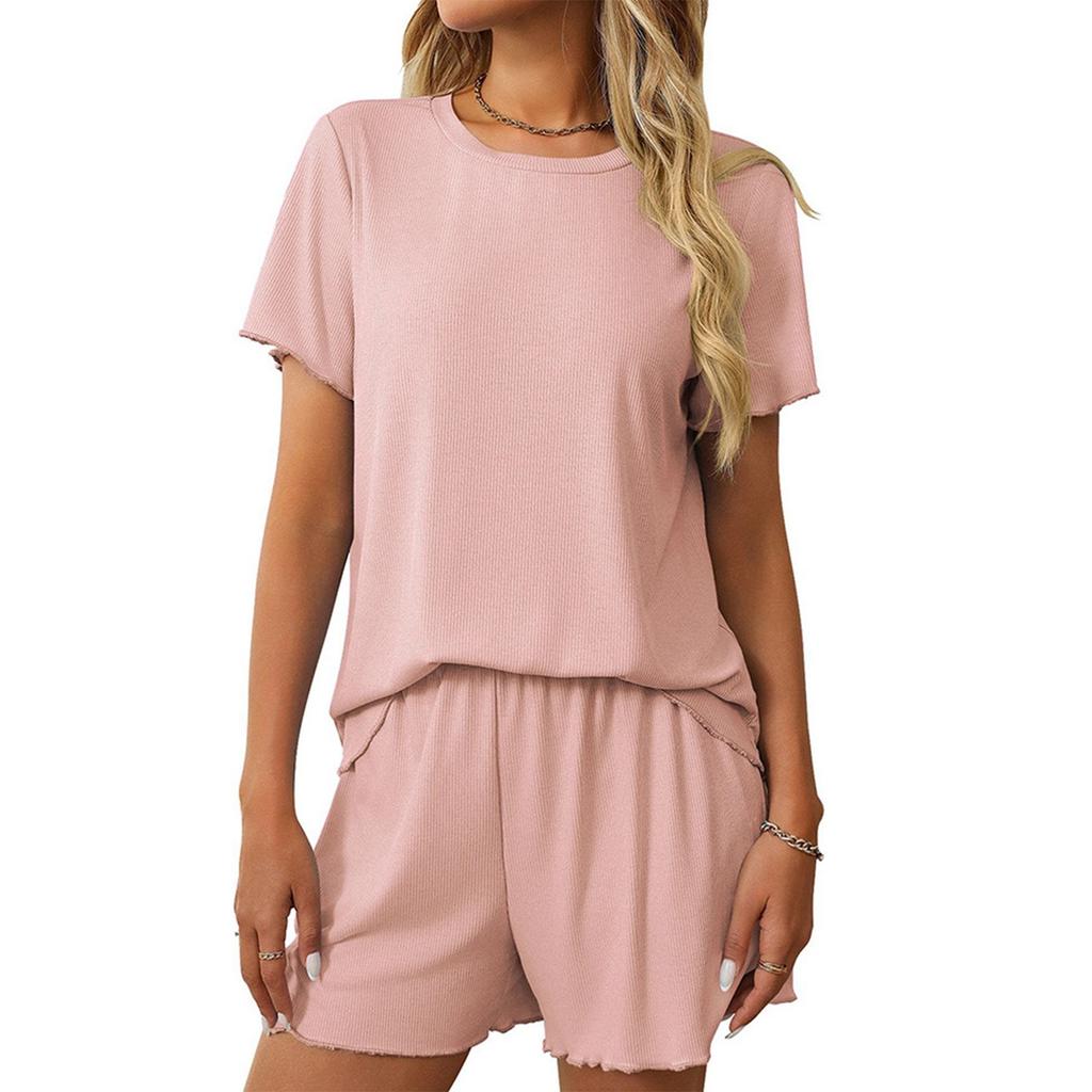 Женская повседневная однотонная пижама с короткими рукавами, шорты, домашняя одежда, комплект из двух предметов