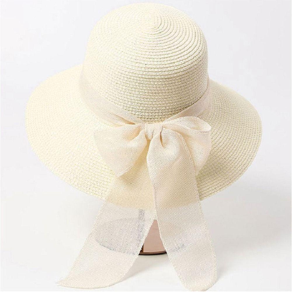 Beach Cap Sunscreen Bowknot Ribbon Flat Hat British Style Sun Hat Top Hat Straw Hat Weave Sun Cap