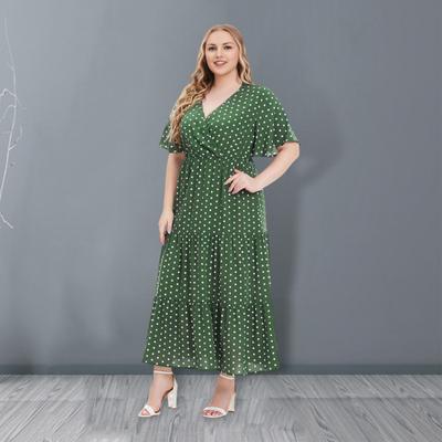 Женское платье большого размера с V-образным вырезом, коротким рукавом, оборками и летящим подолом миди