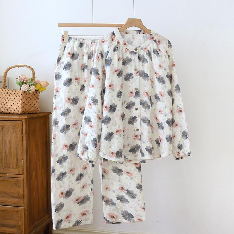 Весенне-осенний женский пижамный комплект из 100% хлопкового крепа с длинными рукавами и длинными брюками, комплект из двух предметов, воротник-стойка, домашняя одежда