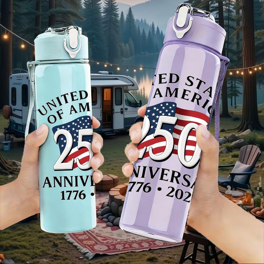 1PC USA 250th Anniversary Text Pattern 750ml Color Plastic Sports Water Bottle Leakproof Flip Straw Lid Suitable for Sports Office Home Use