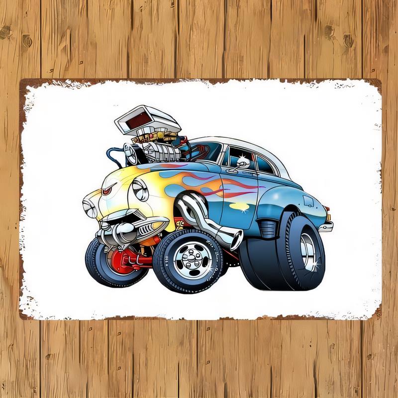 Tin Sign Classic Blue Hot Rod Car Wall Decor Metal Vintage Garage Artwork for Man Cave Bar Cafe Restaurant Retro Poster Indoor