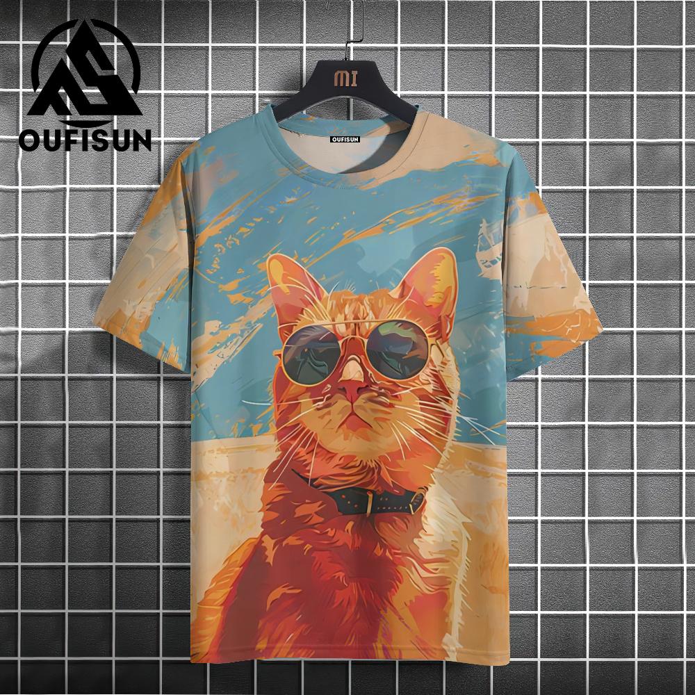 Funny T-shirt Cartoon Cat Pattern Men's T-shirt, 3D Printing Casual Pullover