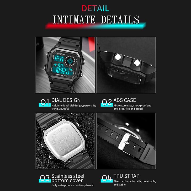 Новые модные электронные часы SANDA Square Trend, водонепроницаемые светящиеся спортивные мужские часы, цифровые студенческие часы