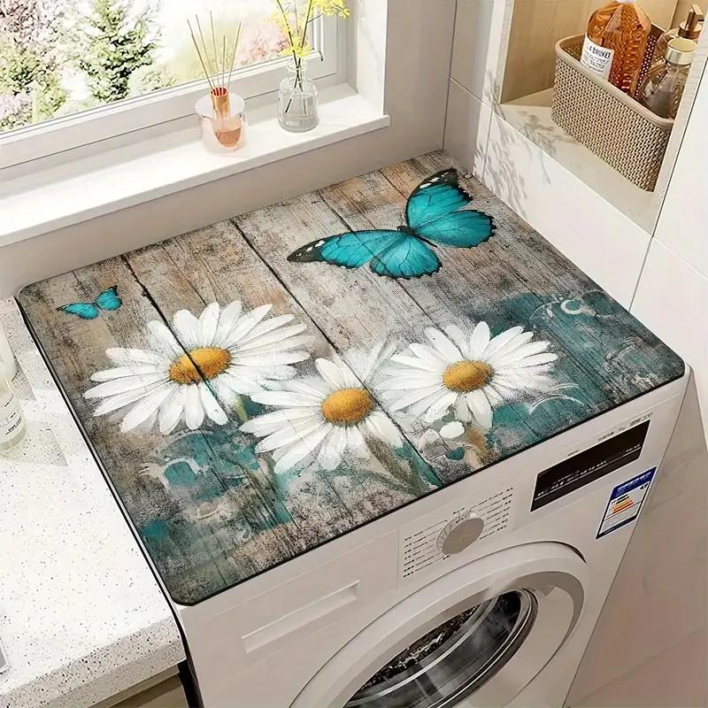 Blue Butterfly & Daisy Drain Mat Absorbent Non-Slip Washing Machine Dust Cover Pad, Dish Drying Mat for Kitchen, Laundry Room