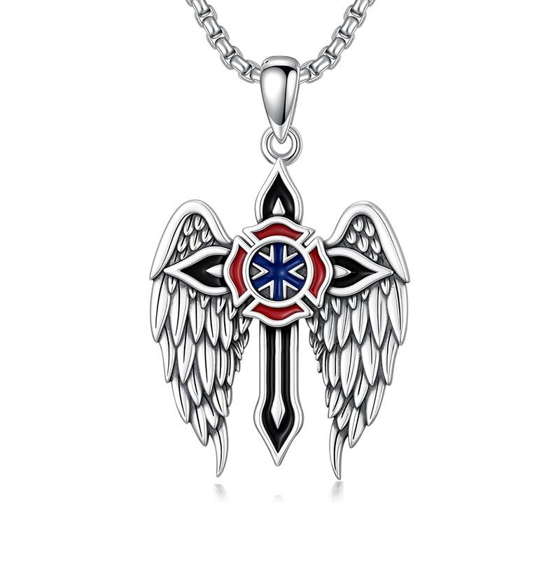 Angel Fireman Cross Oil Drop Pendant Necklace Retro Wings Design Fashion Necklace
