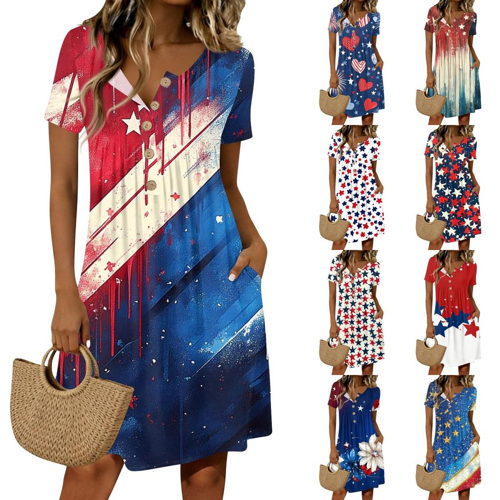 Womens Casual Button Front Dress Short Sleeve Round Neck Loose Fit Knee Length Dress with Star Print and Striped Pattern for Everyday Wear