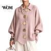 Oversized Cardigan Sweater Women Knit Sweater, Collared Top with Large Metal Button Front Outerwear Buttons, Loose Lantern Sleeve Casual for