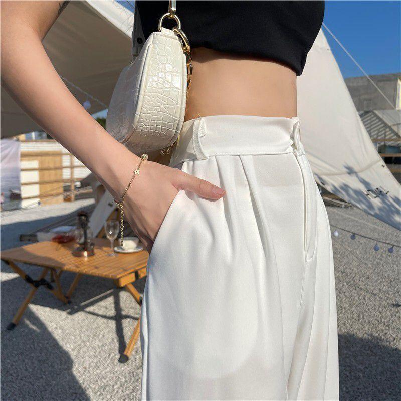 Stylish High-waist Suit Pants In Solid Colors For Casual Wide-leg Comfort