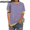 Simple Casual Trend Striped Color Matching Cuff Short Sleeve Women's O-Neck T-shirt