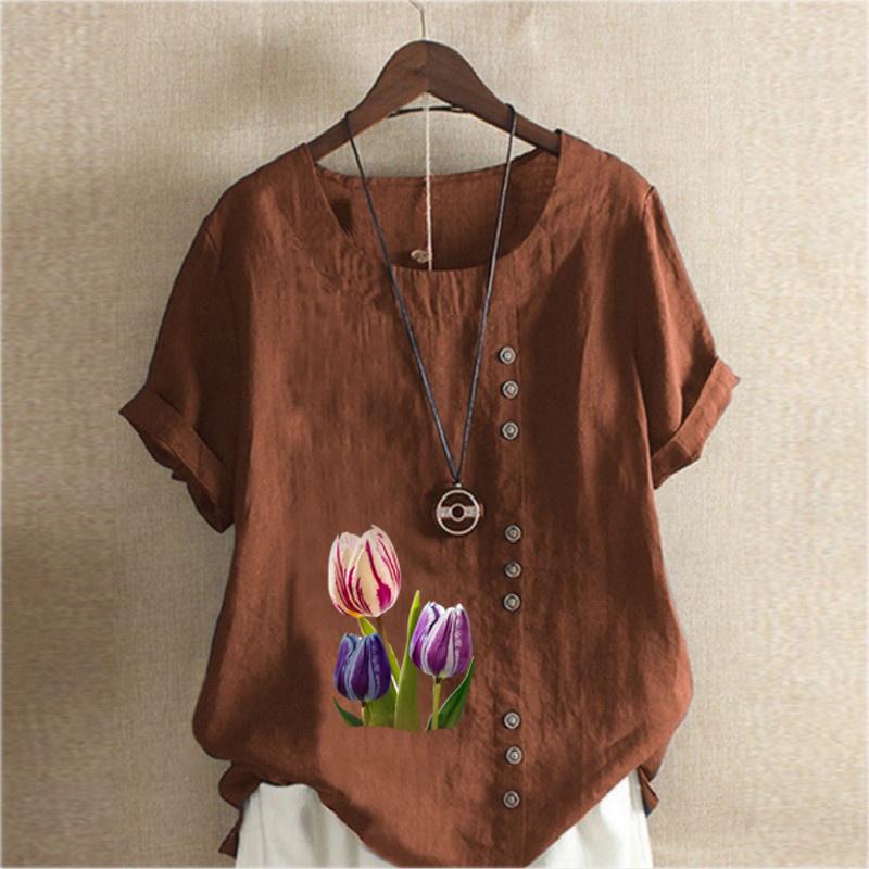 Women's Fashion Round Neck Short Sleeve T-shirt Casual Cotton Linen Graphic Shirt Tulips Prined Summer Blouse Tops