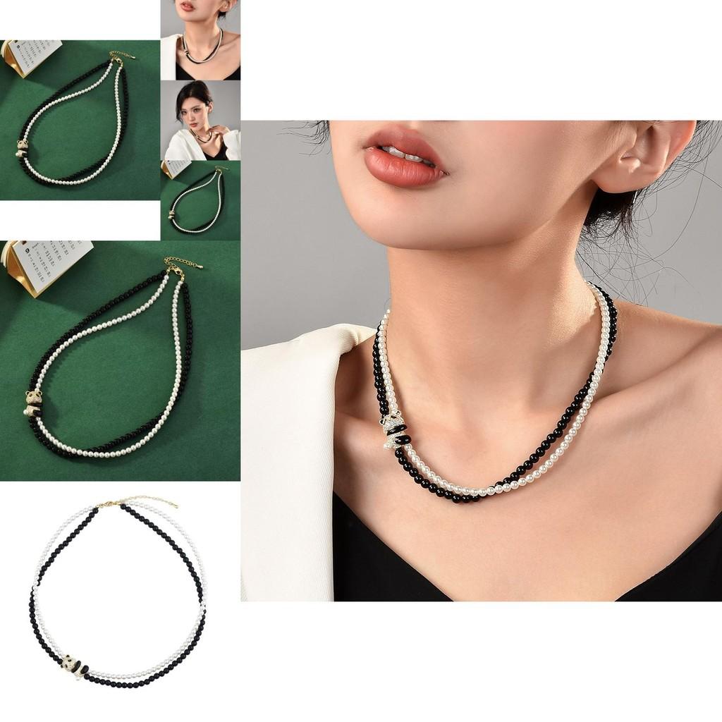 Elegant Double Layer Pearl And Crystal Choker Necklace With Panda Design For Stylish Individuals