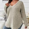 Autumn and Winter Solid Color Plus Size Women's Top V-Neck Long Sleeve Pit Sanding T-Shirt Loose Pullover