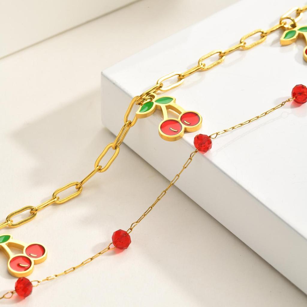 Novirassine Dainty Stainless Steel Jewelry Bracelets Gold Plated Y2K Red Cherry Fruit Pendants Jewelry Gift Set