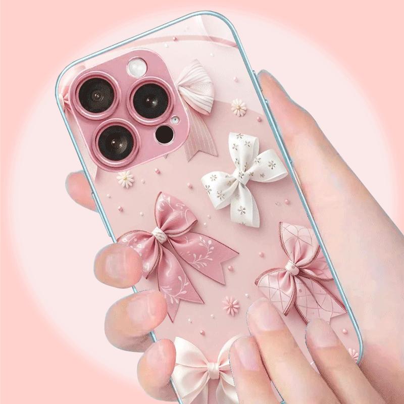 Чехол для телефона из закаленного стекла с дизайном розового банта, подходит для iPhone17 16 15 14 13 12 11Pro/Max/Plus, противоударный задний чехол