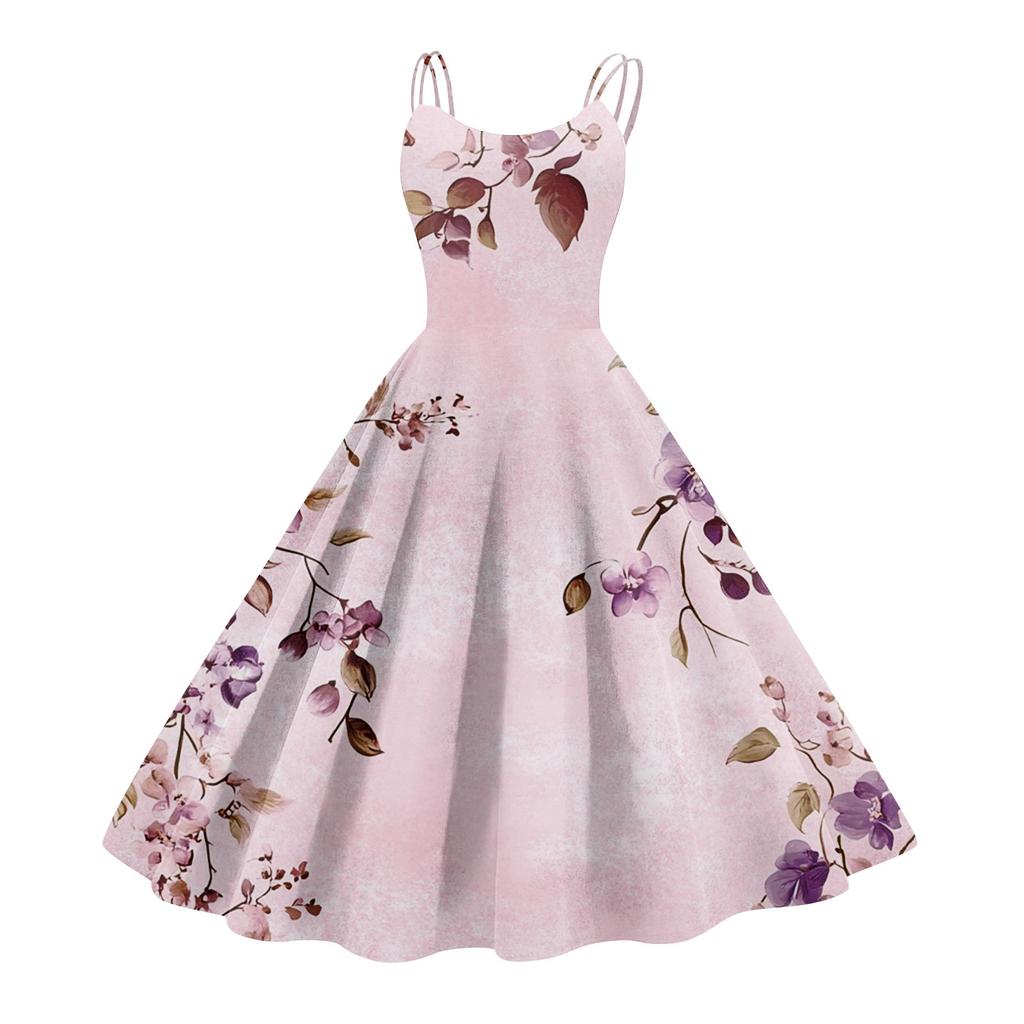 Women's Casual Fashion Flower Print Sexy Off Shoulder Punk Retro Dress Retro Dress Dress