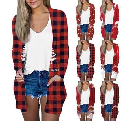 Рождественская женская модная повседневная куртка-кардиган средней длины с длинным рукавом и принтом