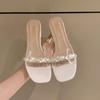 Fairy style pearl word with transparent crystal high heels female summer wear 2025 new French thick heel cool slippers