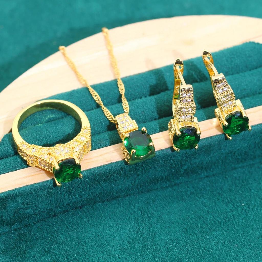 Зеленый циркон золотого цвета Свадебные ювелирные наборы для женщин Серьги для свиданий Ожерелье Кулон Кольцо Браслет Подарки для свиданий