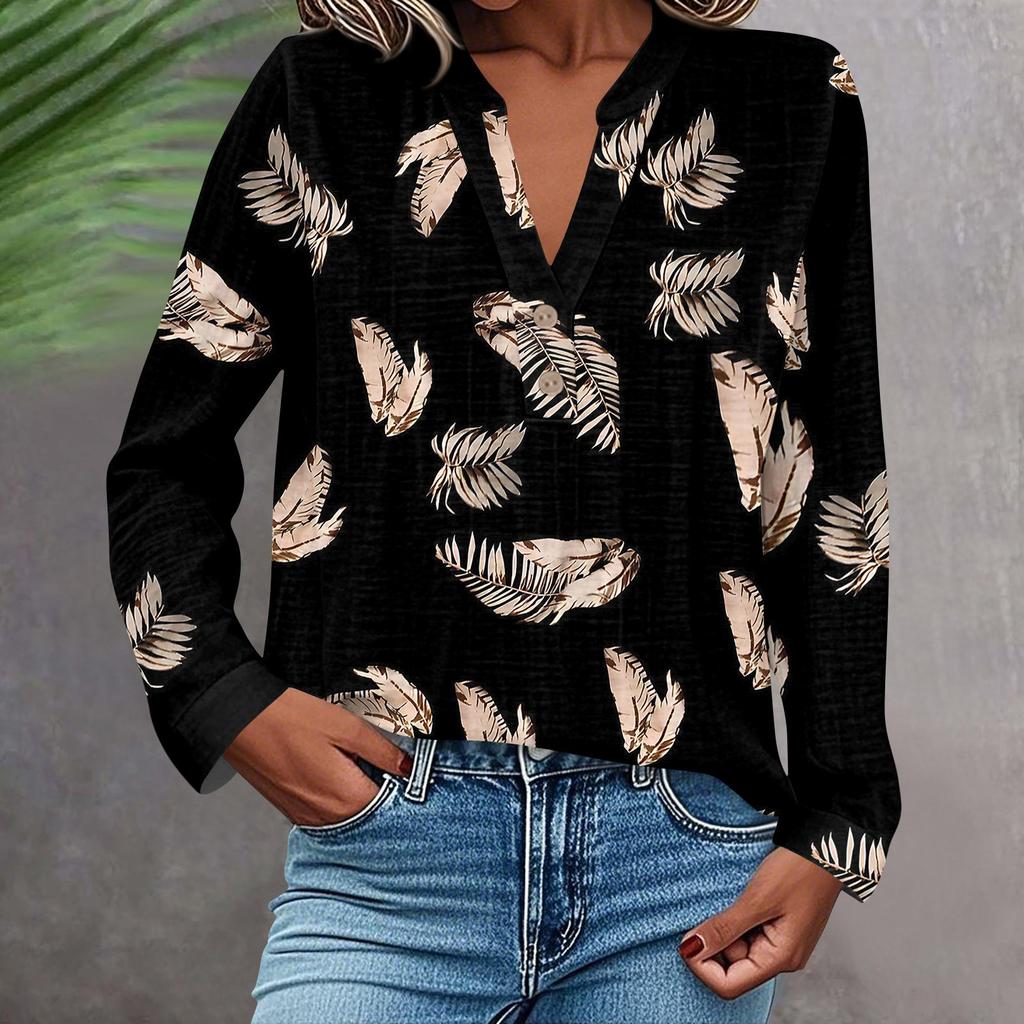 Женская модная и повседневная рубашка с длинным рукавом, V-образным вырезом, на пуговицах, с принтом, блузка, топ