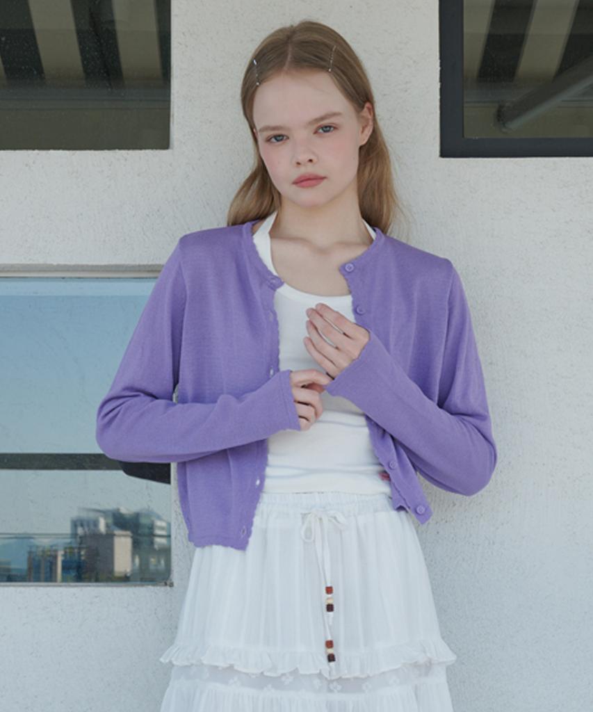 OPENING SUNSHINE Sheer Scallop Linen Cardigan Lavender