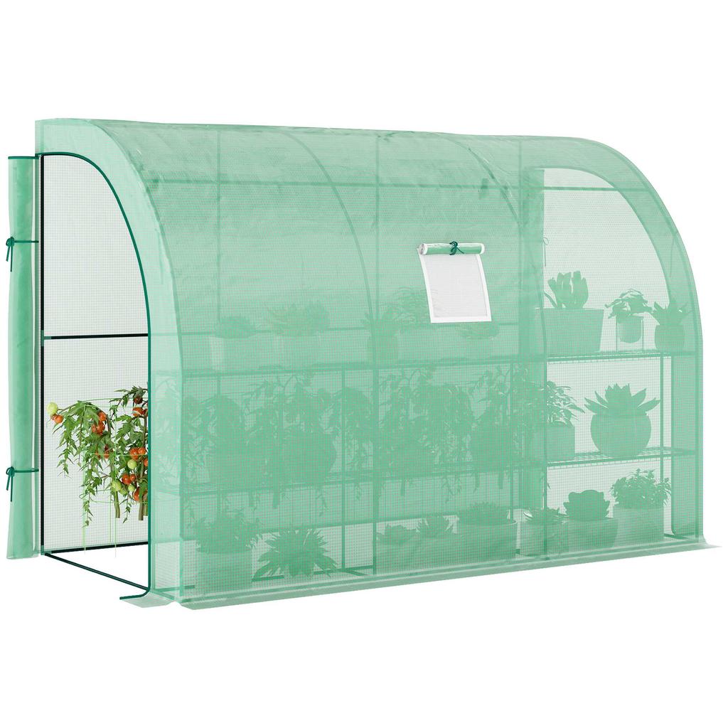 Walk-In Lean to Greenhouse with Windows and Zippered Doors, 2 Tiers 6 Wired Shelves 300L x 150W x 213Hcm Green
