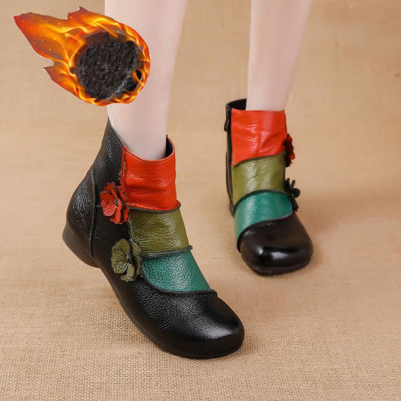 Warm Plush Ankle Boots Women's Luxury  Shoes Genuine Leather Booties Woman Designer Patches Boho Boots Ladies Chic Shoes